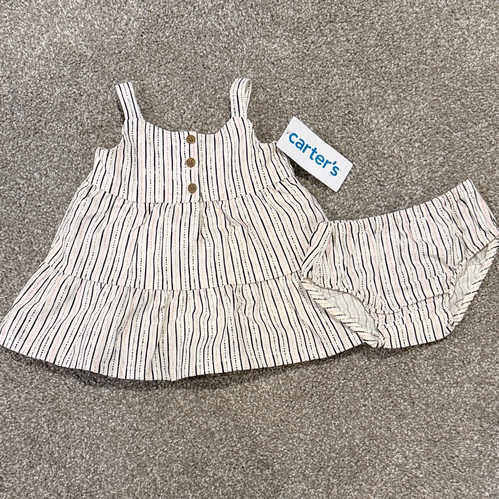 Carter's White, Black and Pink Striped Baby Dress with Bloomers